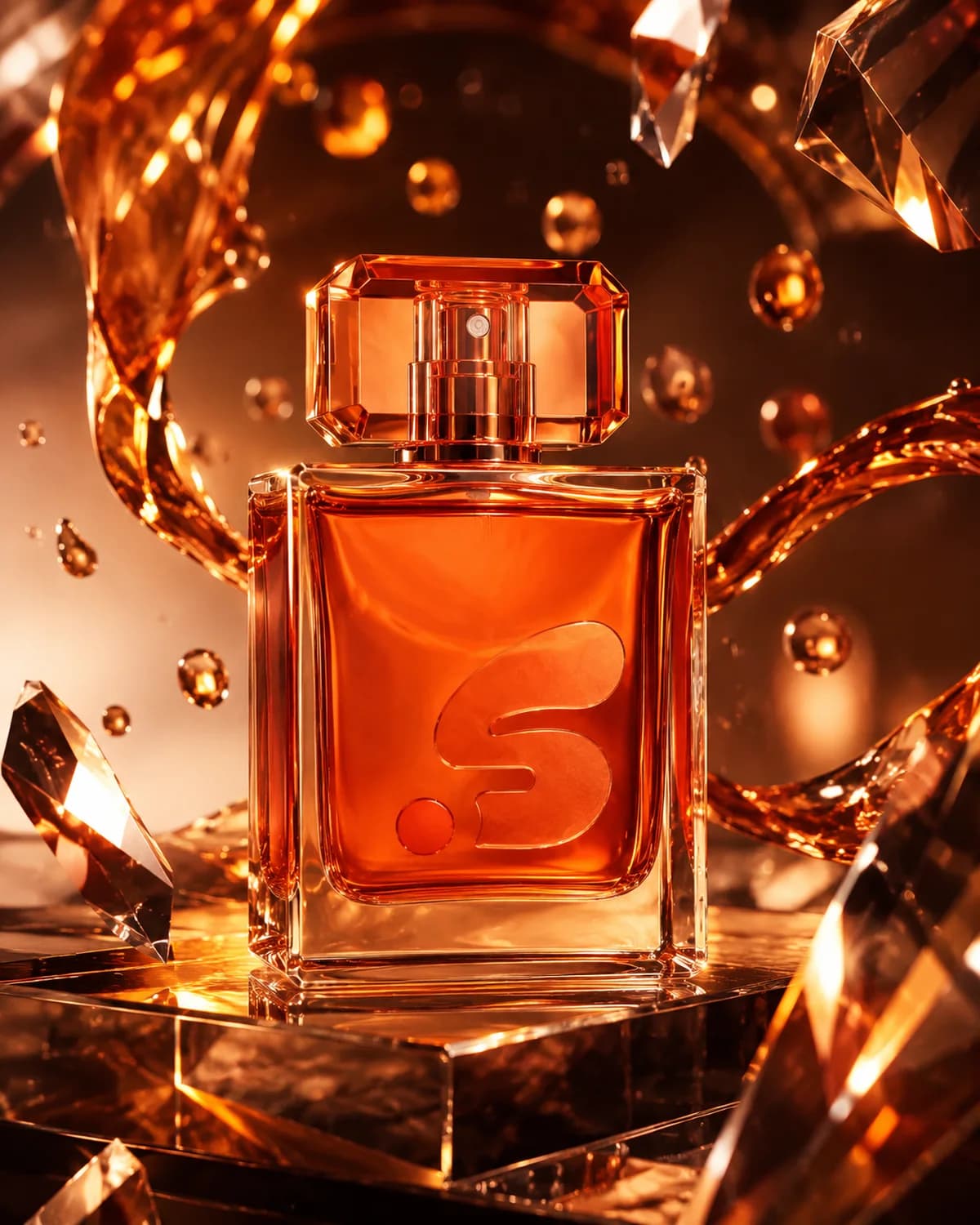 عطر في قزاز ثقيل عليه شعار كريسب، مصوّر بإضاءة دافئة