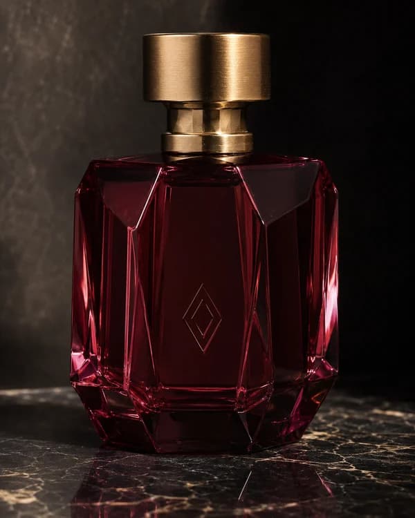 قزاز عطر عنابي مضلّع بغطاء ذهبي على رخام داكن